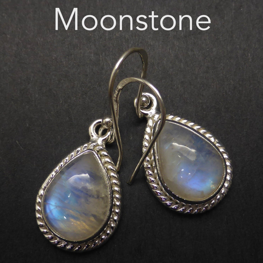 Rainbow Moonstone Earring | Cabochon Teardrops | Also Available in Labradorite | Rose Quartz | Black Onyx | Good Colour | 925 Sterling Silver | Rope work detail | Genuine Gems from Crystal Heart Melbourne Australia since 1986