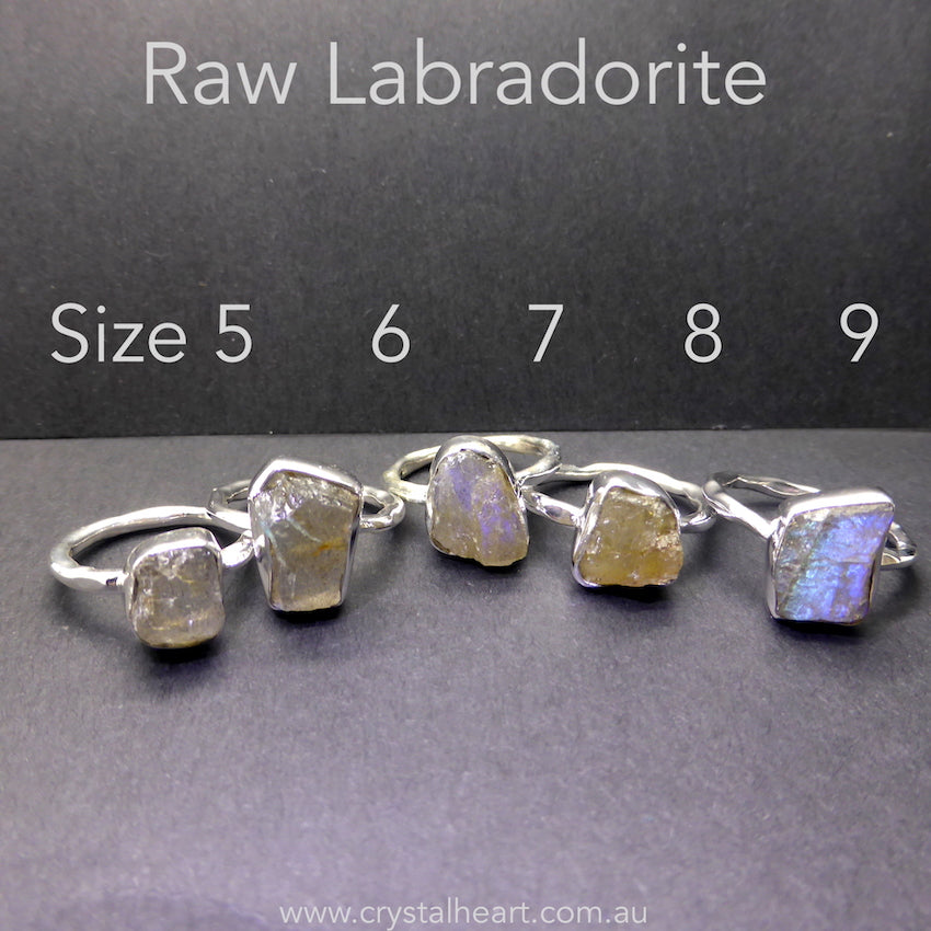 Labradorite Ring | Raw Uncut Natural Nugget |B lue Flashes | Authentic Organic Look | 925 Sterling Silver | Simple Setting Organic Band Open Back | US Size 5 6 7 8 9 | Genuine Gems from  Crystal Heart Melbourne Australia since 1986