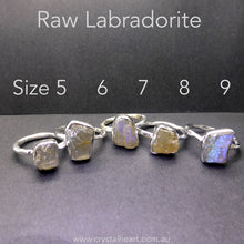 Load image into Gallery viewer, Labradorite Ring | Raw Uncut Natural Nugget |B lue Flashes | Authentic Organic Look | 925 Sterling Silver | Simple Setting Organic Band Open Back | US Size 5 6 7 8 9 | Genuine Gems from  Crystal Heart Melbourne Australia since 1986