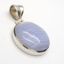 Load image into Gallery viewer, Blue Lace Agate Pendant | Round Cabochon | 925 Sterling Silver | Besel Set | Hinged Bale | Delicate Sky blue | Throat Chakra | Unblock communication &amp; all forms of expression  | Genuine Gems from Crystal Heart Melbourne Australia since 1986