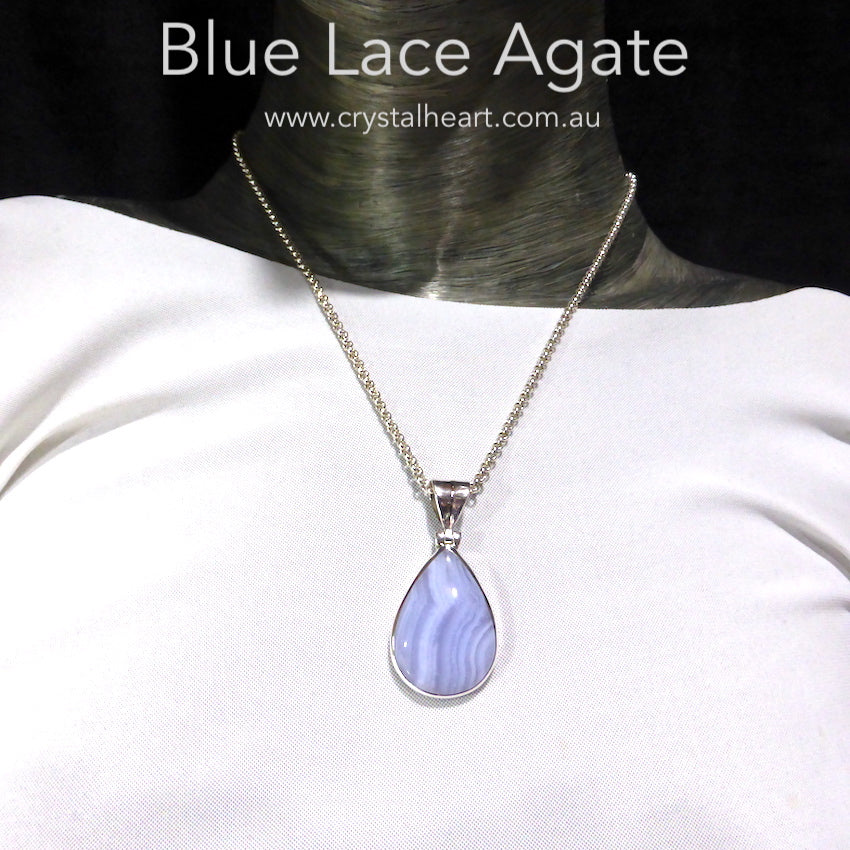 Blue Lace Agate Pendant | Teardrop Cabochon | 925 Sterling Silver | Besel Set | Hinged Bale | Delicate Sky blue | Throat Chakra | Unblock communication & all forms of expression  | Genuine Gems from Crystal Heart Melbourne Australia since 1986