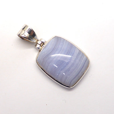 Blue Lace Agate Pendant | Oblong Cabochon | 925 Sterling Silver | Besel Set | Hinged Bale | Delicate Sky blue | Throat Chakra | Unblock communication & all forms of expression  | Genuine Gems from Crystal Heart Melbourne Australia since 1986