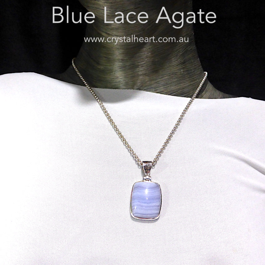 Blue Lace Agate Pendant | Oblong Cabochon | 925 Sterling Silver | Besel Set | Hinged Bale | Delicate Sky blue | Throat Chakra | Unblock communication & all forms of expression  | Genuine Gems from Crystal Heart Melbourne Australia since 1986