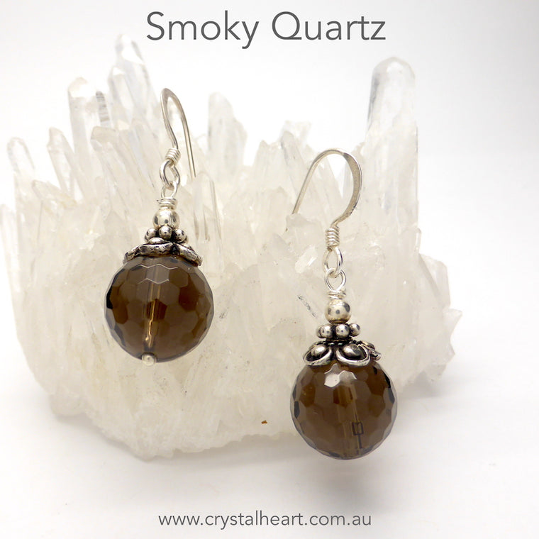 Smoky Quartz Earrings, Faceted Bead, 925 Silver