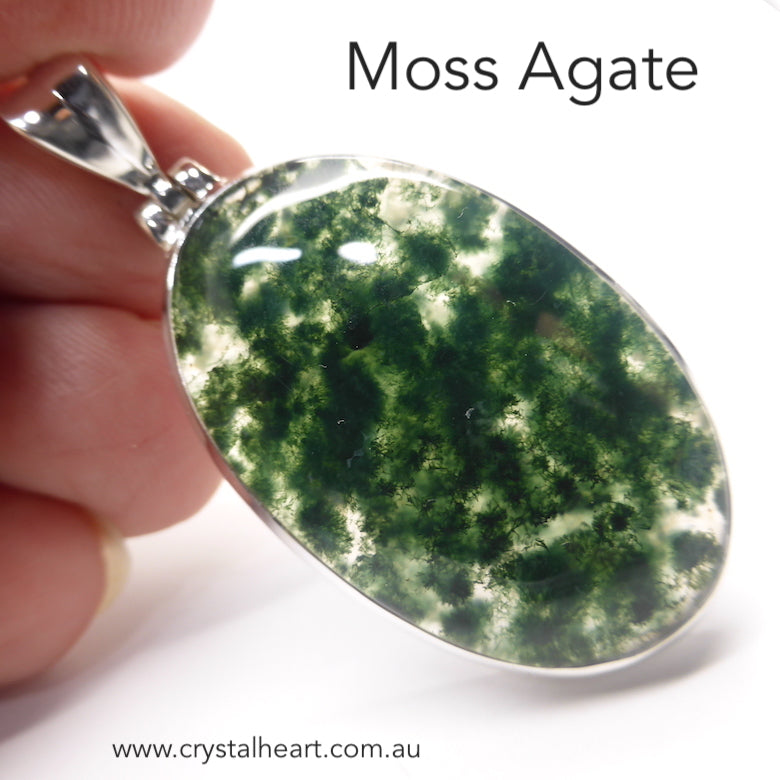 Moss Agate l Pendant | 925 Sterling Silver | Quality Setting | Verdant organic looking inclusions of vivid green Chlorite in Clear Quartz | Balance the Branches in your Path | Clear Lungs | Strengthen Nervous system | Genuine gems from Crystal Heart Melbourne Australia since 1986
