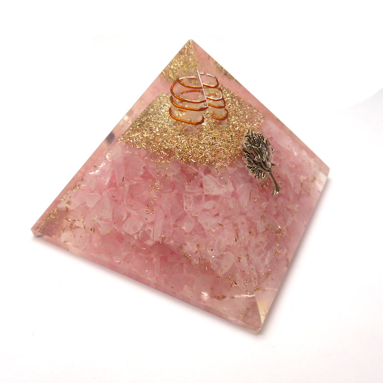 Orgonite Pyramid with genuine Rose Quartz Chips | Clear Crystal Point conduit in Copper Spiral | Accumulate Orgone Energy | Ground into your Heart | Energise and Cleanse Higher Love | Crystal Heart Melbourne Australia since 1986