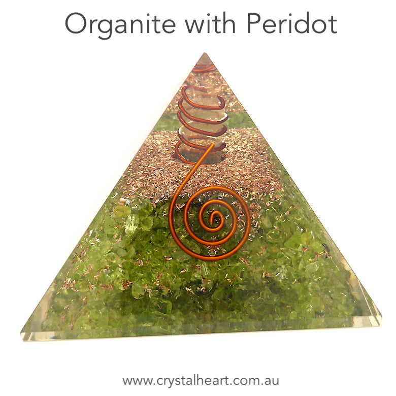 Orgonite Pyramid with genuine Peridot Chips | Clear Crystal Point conduit in Copper Spiral | Accumulate Orgone Energy | Light hearted joy | Overcome nervous tensions | Stone of Merchants and Wealth | Crystal Heart Melbourne Australia since 1986