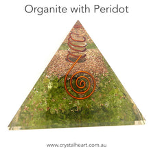 Load image into Gallery viewer, Orgonite Pyramid with genuine Peridot Chips | Clear Crystal Point conduit in Copper Spiral | Accumulate Orgone Energy | Light hearted joy | Overcome nervous tensions | Stone of Merchants and Wealth | Crystal Heart Melbourne Australia since 1986