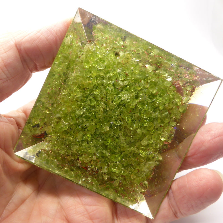 Orgonite Pyramid with genuine Peridot Chips | Clear Crystal Point conduit in Copper Spiral | Accumulate Orgone Energy | Light hearted joy | Overcome nervous tensions | Stone of Merchants and Wealth | Crystal Heart Melbourne Australia since 1986