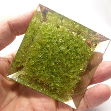Load image into Gallery viewer, Orgonite Pyramid with genuine Peridot Chips | Clear Crystal Point conduit in Copper Spiral | Accumulate Orgone Energy | Light hearted joy | Overcome nervous tensions | Stone of Merchants and Wealth | Crystal Heart Melbourne Australia since 1986