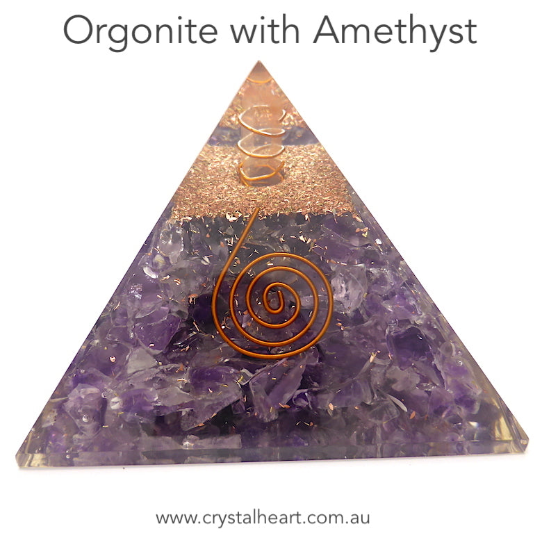 Orgonite Pyramid with genuine Amethyst Chips | Clear Crystal Point conduit in Copper Spiral | Accumulate Orgone Energy | Perfect Purple Amethyst | Harmony and Purifying Energies | Meditation | Crystal Heart Melbourne Australia since 1986