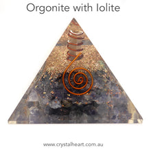 Load image into Gallery viewer, Orgonite Pyramid with genuine Iolite Chips | Clear Crystal Point conduit in Copper Spiral | Accumulate Orgone Energy | Iolite is also known as Water Sapphire | Visualisation, Spiritual Direction also very grounded.| Crystal Heart Melbourne Australia since 1986