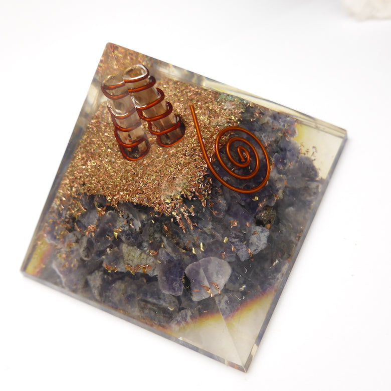 Orgonite Pyramid with genuine Iolite Chips | Clear Crystal Point conduit in Copper Spiral | Accumulate Orgone Energy | Iolite is also known as Water Sapphire | Visualisation, Spiritual Direction also very grounded.| Crystal Heart Melbourne Australia since 1986