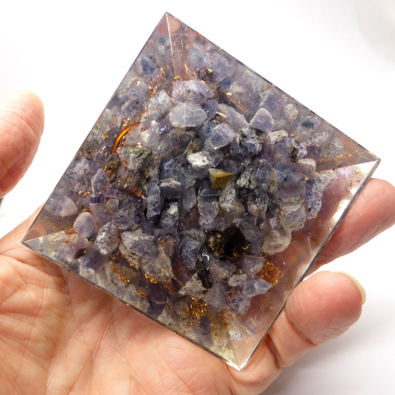 Orgonite Pyramid with genuine Iolite Chips | Clear Crystal Point conduit in Copper Spiral | Accumulate Orgone Energy | Iolite is also known as Water Sapphire | Visualisation, Spiritual Direction also very grounded.| Crystal Heart Melbourne Australia since 1986