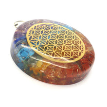 Load image into Gallery viewer, Orgone Crystal Chakra Pendant | Disc of Orgonite embedded with Chakra Crystals, promoting personal Harmony | Embedded Flower of Life Mandala adds a further dimension of Celestial Harmony | Crystal Heart Melbourne Australia since 1986