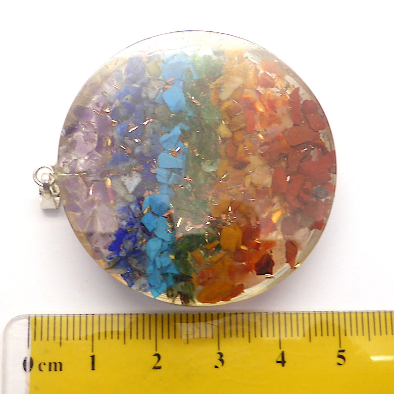 Orgone Crystal Chakra Pendant | Disc of Orgonite embedded with Chakra Crystals, promoting personal Harmony | Embedded Flower of Life Mandala adds a further dimension of Celestial Harmony | Crystal Heart Melbourne Australia since 1986