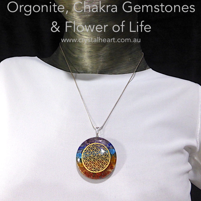 Orgone Crystal Chakra Pendant | Disc of Orgonite embedded with Chakra Crystals, promoting personal Harmony | Embedded Flower of Life Mandala adds a further dimension of Celestial Harmony | Crystal Heart Melbourne Australia since 1986