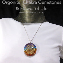 Load image into Gallery viewer, Orgone Crystal Chakra Pendant | Disc of Orgonite embedded with Chakra Crystals, promoting personal Harmony | Embedded Flower of Life Mandala adds a further dimension of Celestial Harmony | Crystal Heart Melbourne Australia since 1986