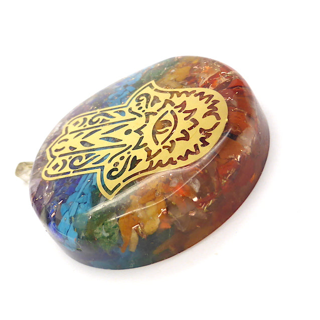 Orgone Crystal Chakra Pendant | Disc of Orgonite embedded with Chakra Crystals, promoting personal Harmony | Embedded Hand of Hamsa is a protective symbol | Crystal Heart Melbourne Australia since 1986