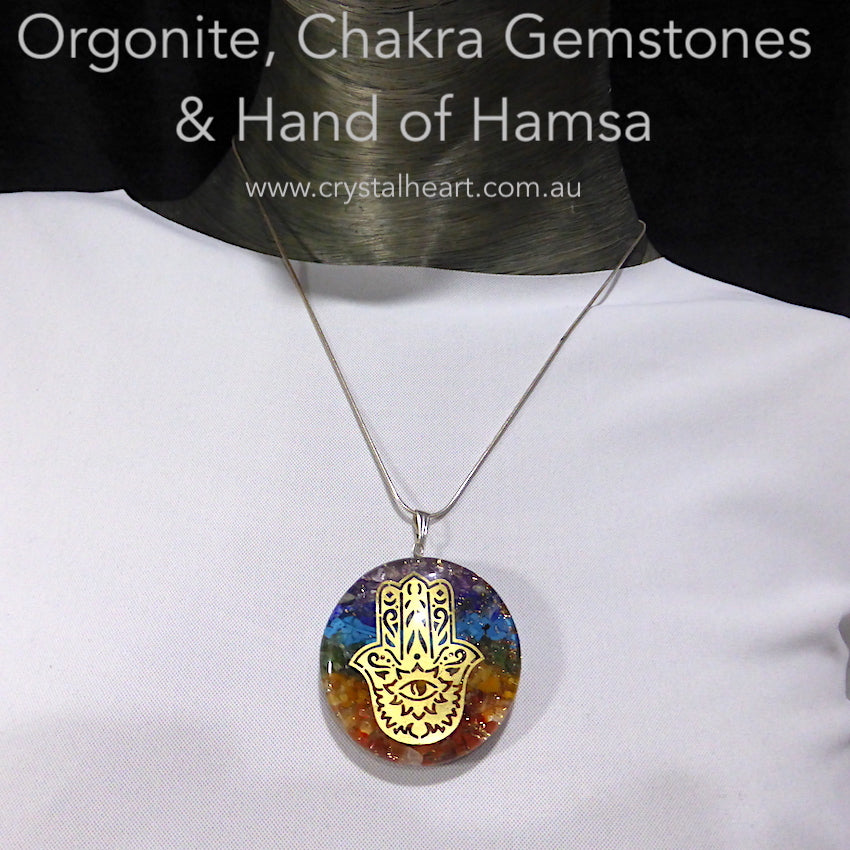Orgone Crystal Chakra Pendant | Disc of Orgonite embedded with Chakra Crystals, promoting personal Harmony | Embedded Hand of Hamsa is a protective symbol | Crystal Heart Melbourne Australia since 1986