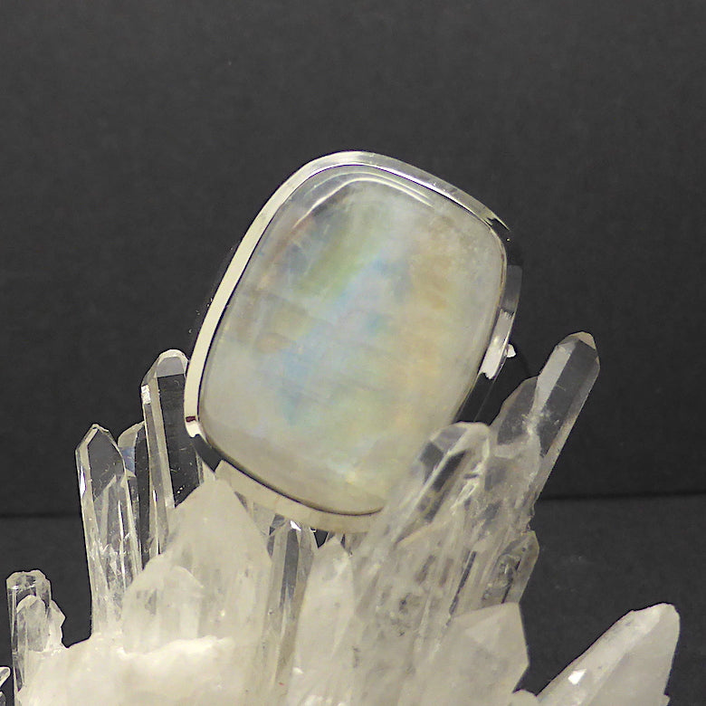 Ring Rainbow Moonstone | 925 Sterling Silver | Oblong Cabochon | Blue and Gold Flashes | US Size 8 | AUS Size P1/2 | Star Stone for Cancer Libra Scorpio | Genuine Gems from Crystal Heart Melbourne Australia since 1986
