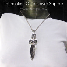 Load image into Gallery viewer, Super 7 Seven with Tourmaline Quartz Pendant | 925 Sterling Silver | Three stones | Beautiful and powerful evolution | Espirito Santo | Amethyst Cacoxenite, Clear &amp; Smoky Quartz Goethite Lepidocrosite Rutile | Genuine gems from Crystal Heart Melbourne Australia since 1986