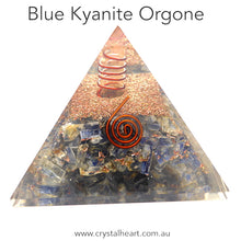 Load image into Gallery viewer, Orgonite Pyramid with genuine Blue Kyanite Crystals | Clear Crystal Point conduit in Copper Spiral | Accumulate Orgone Energy | Protection especially EMF | Crystal Heart Melbourne Australia since 1986