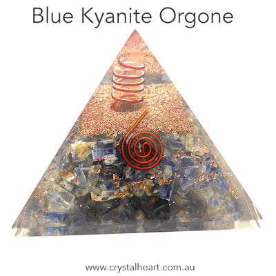 Orgonite Pyramid with genuine Blue Kyanite Crystals | Clear Crystal Point conduit in Copper Spiral | Accumulate Orgone Energy | Protection especially EMF | Crystal Heart Melbourne Australia since 1986