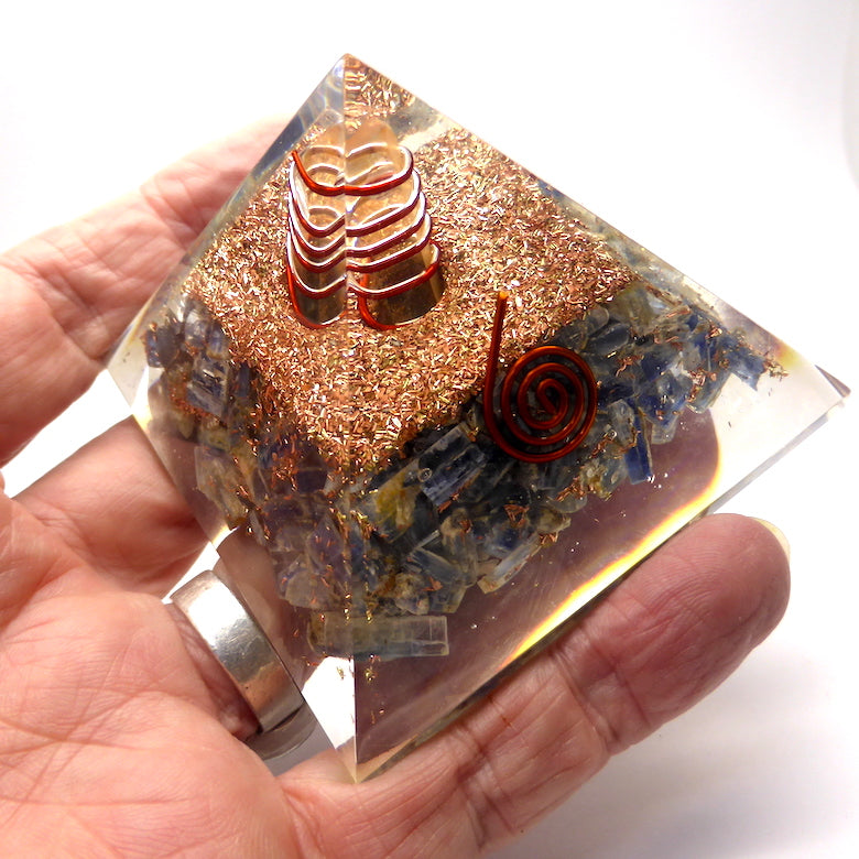 Orgonite Pyramid with genuine Blue Kyanite Crystals | Clear Crystal Point conduit in Copper Spiral | Accumulate Orgone Energy | Protection especially EMF | Crystal Heart Melbourne Australia since 1986