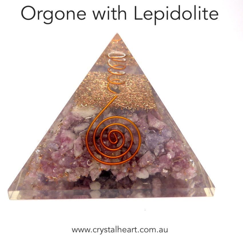 Orgonite Pyramid with genuine Lepidolite Crystal | Clear Crystal Point conduit in Copper Spiral | Accumulate Orgone Energy | Cool Mental Stress | Peaceful Warrior | Crystal Heart Melbourne Australia since 1986