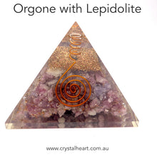 Load image into Gallery viewer, Orgonite Pyramid with genuine Lepidolite Crystal | Clear Crystal Point conduit in Copper Spiral | Accumulate Orgone Energy | Cool Mental Stress | Peaceful Warrior | Crystal Heart Melbourne Australia since 1986