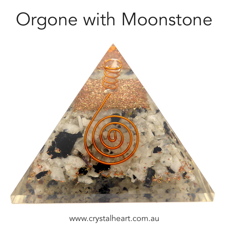 Orgonite Pyramid with genuine Rainbow Moonstone Crystal | Clear Crystal Point conduit in Copper Spiral | Accumulate Orgone Energy | Enhance Emotional sensitivity but also Objectivity | Crystal Heart Melbourne Australia since 1986