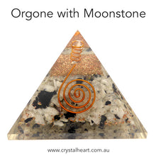 Load image into Gallery viewer, Orgonite Pyramid with genuine Rainbow Moonstone Crystal | Clear Crystal Point conduit in Copper Spiral | Accumulate Orgone Energy | Enhance Emotional sensitivity but also Objectivity | Crystal Heart Melbourne Australia since 1986