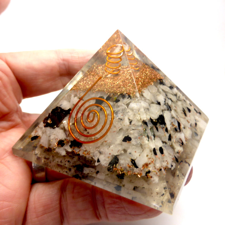Orgonite Pyramid with genuine Rainbow Moonstone Crystal | Clear Crystal Point conduit in Copper Spiral | Accumulate Orgone Energy | Enhance Emotional sensitivity but also Objectivity | Crystal Heart Melbourne Australia since 1986