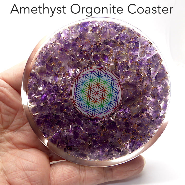 Orgonite Coaster with Amethyst and Flower of Life symbol.