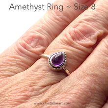 Load image into Gallery viewer, Amethyst Ring | Teardrop Cabochon | 925 Sterling Silver | Silver Rope &amp; Ball detail | US Size 8 | AUS Size P 1/2  | Genuine Gems from Crystal Heart Melbourne Australia since 1986
