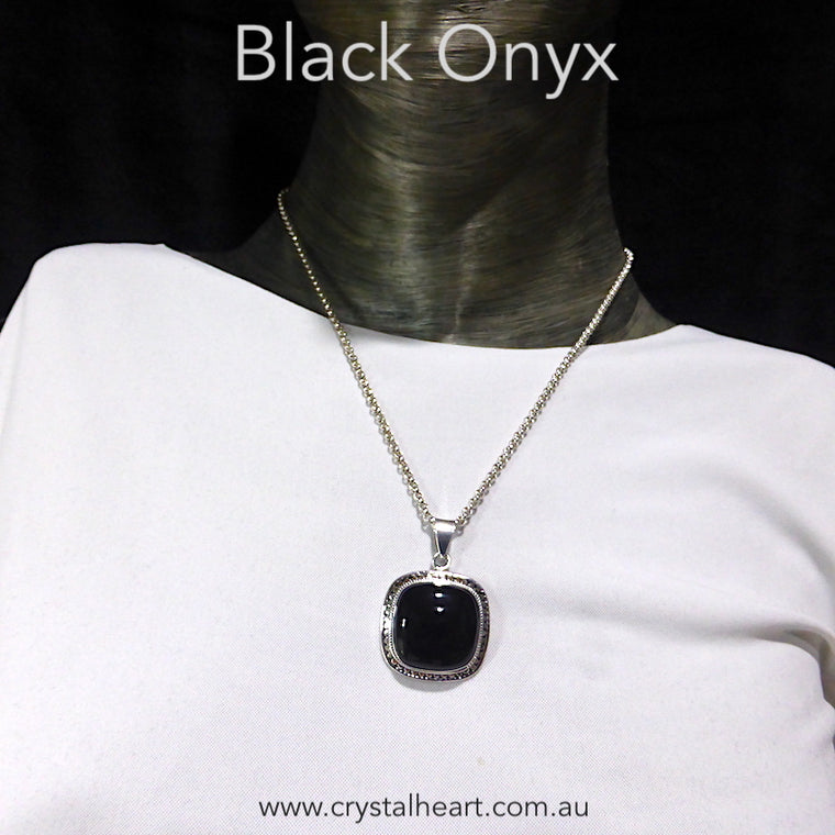 Black Onyx Pendant, Square Cabochon, 925 Silver, ks2
