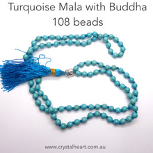 Load image into Gallery viewer, Turquoise Mala Necklace | 6 mm beads | Silver Buddha Head | 108 + 1 beads | Genuine Gems from Crystal Heart Australia since 1986