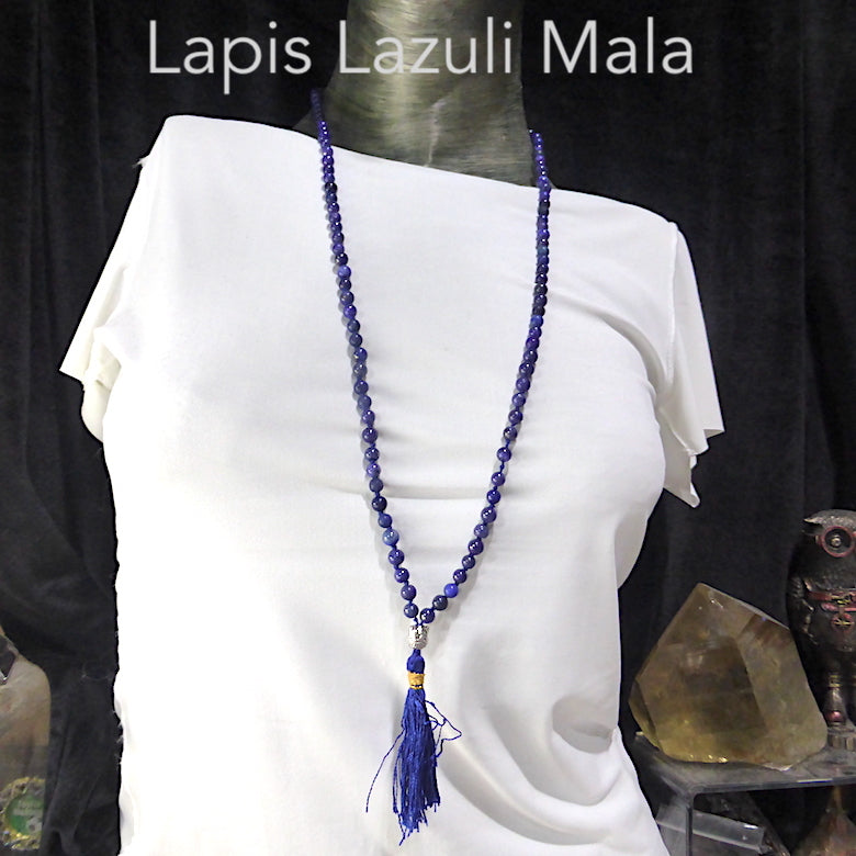 Lapis Lazuli Mala Necklace | 6 mm beads | Silver Buddha Head | 108 beads | Genuine Gems from Crystal Heart Australia since 1986