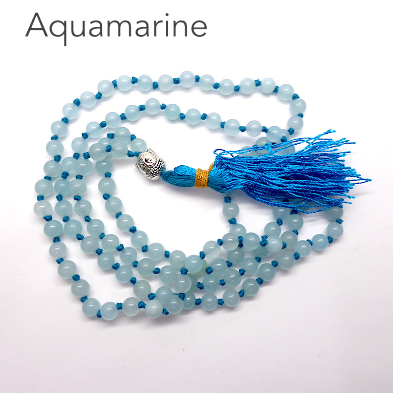 Aquamarine Mala Necklace | 6 mm beads | Silver Buddha Head | 108 + 1 beads | Genuine Gems from Crystal Heart Australia since 1986