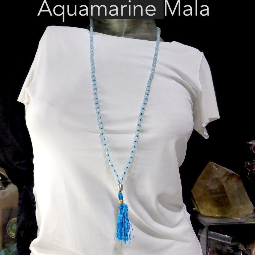 Aquamarine Mala Necklace | 6 mm beads | Silver Buddha Head | 108 beads | Genuine Gems from Crystal Heart Australia since 1986