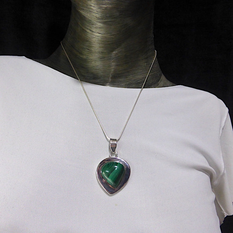 Malachite Heart Pendant, Wide 925 Silver Border