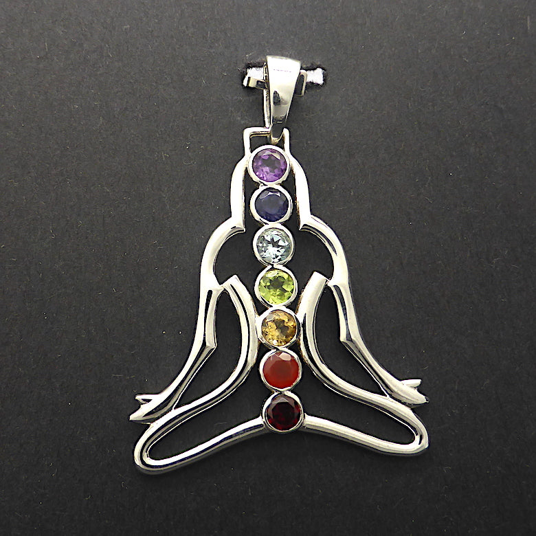 Chakra Pendant | Seven Faceted Gemstones set vertically | Amethyst, Carnelian, Garnet, Iolite, Peridot, Citrine, Blue Topaz | Well Made 925 Sterling Silver | Feminine Grace | Genuine Gems from Crystal Heart Melbourne Australia since 1986