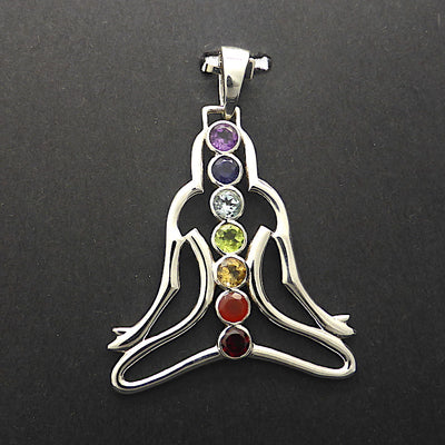 Chakra Pendant | Seven Faceted Gemstones set vertically | Amethyst, Carnelian, Garnet, Iolite, Peridot, Citrine, Blue Topaz | Well Made 925 Sterling Silver | Feminine Grace | Genuine Gems from Crystal Heart Melbourne Australia since 1986