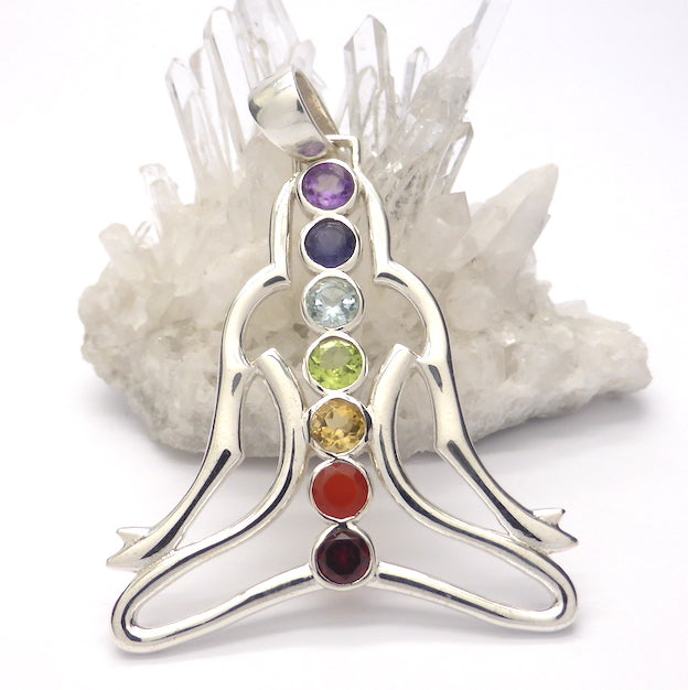 Chakra Pendant | Seven Faceted Gemstones set vertically | Amethyst, Carnelian, Garnet, Iolite, Peridot, Citrine, Blue Topaz | Well Made 925 Sterling Silver | Feminine Grace | Genuine Gems from Crystal Heart Melbourne Australia since 1986