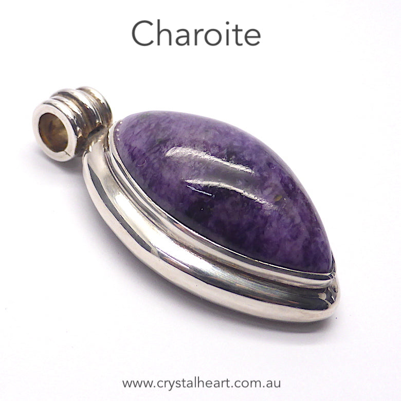 Charoite Cabochon Pendant | 925 Sterling silver | Marquise shape, Besel set | hinged Bale | Deep Purple with light & dark rivers | Genuine Gems from Crystal Heart Australia 1986