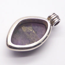 Load image into Gallery viewer, Charoite Cabochon Pendant | 925 Sterling silver | Marquise shape, Besel set | hinged Bale | Deep Purple with light &amp; dark rivers | Genuine Gems from Crystal Heart Australia 1986