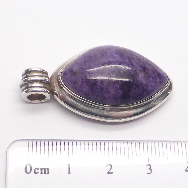 Charoite Cabochon Pendant | 925 Sterling silver | Marquise shape, Besel set | hinged Bale | Deep Purple with light & dark rivers | Genuine Gems from Crystal Heart Australia 1986