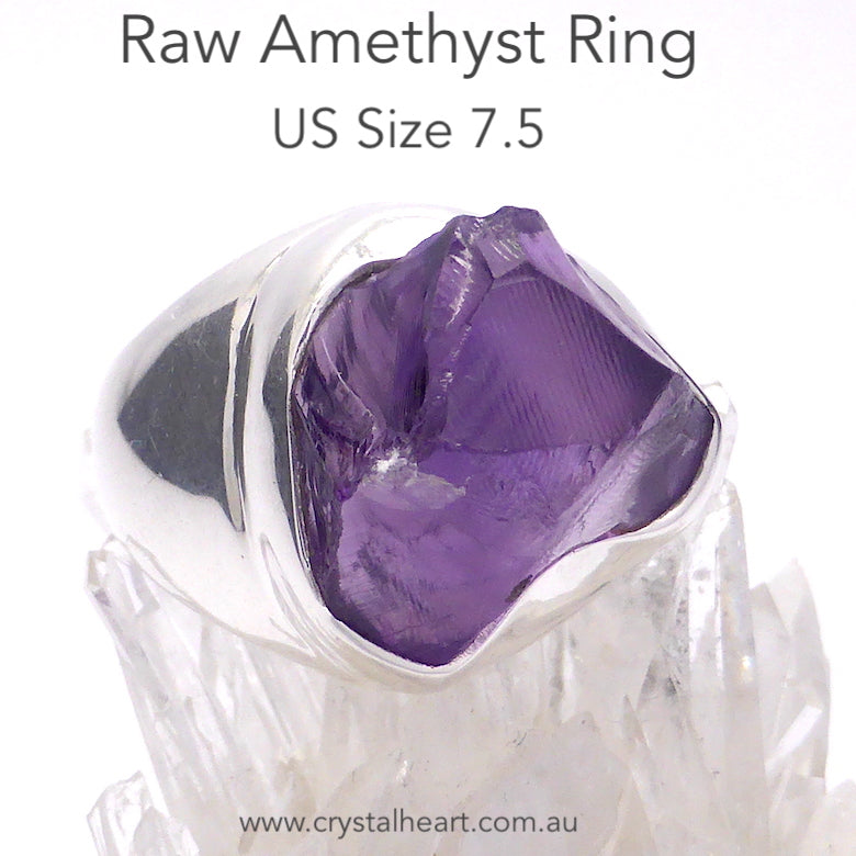 Lovely Amethyst Nugget | Good Color and Clarity | Bezel Set, Wide Band | 925 Silver | US Size 7.5 | AUS Size O 1/2 | Raw stones, with their organic natural appeal are increasingly popular | Genuine Gems from Crystal Heart Melbourne Australia since 1986