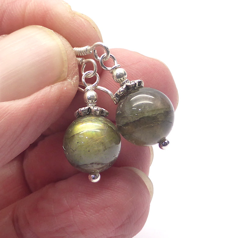 Labradorite Earrings | Smooth 10 mm beads | Sterling Silver Shepherd Hooks and decorative caps | Fair Trade | Genuine Gems from Crystal Heart Melbourne Australia since 1986